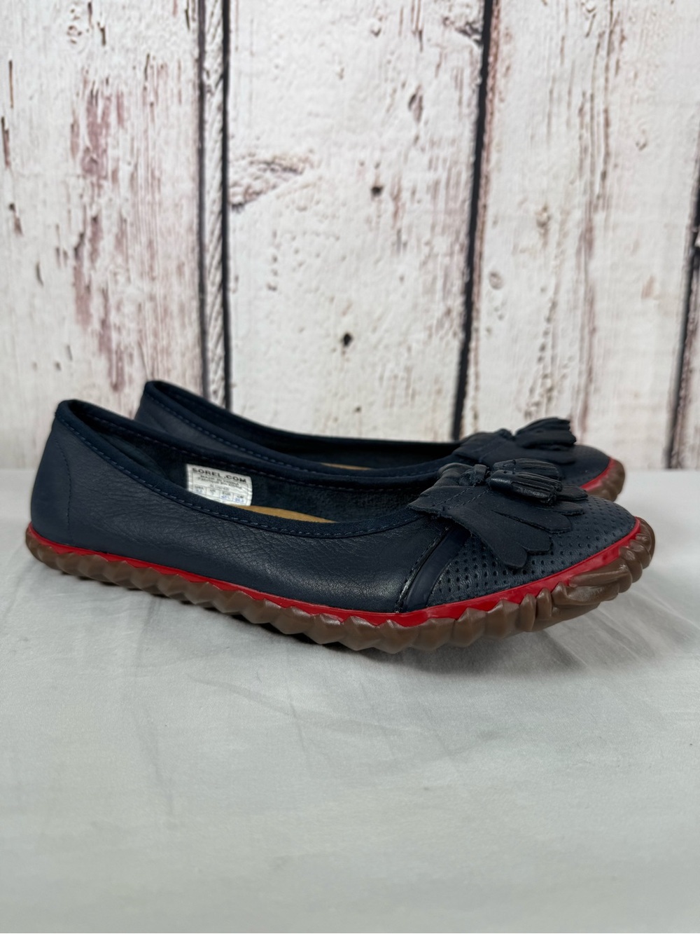 Sorel Tee Off Tassel Slip-On Navy Blue Leather Kiltie Fringe Ballet Flats Shoes